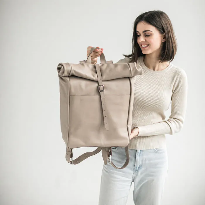 Ashley Beige Roll-Top Leather Backpack2