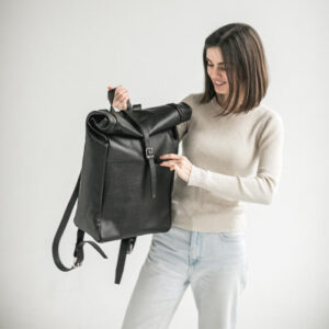 Ashley Black Roll-Top Leather Backpack