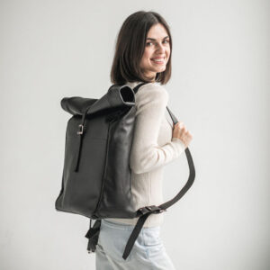 Ashley Black Roll-Top Leather Backpacks