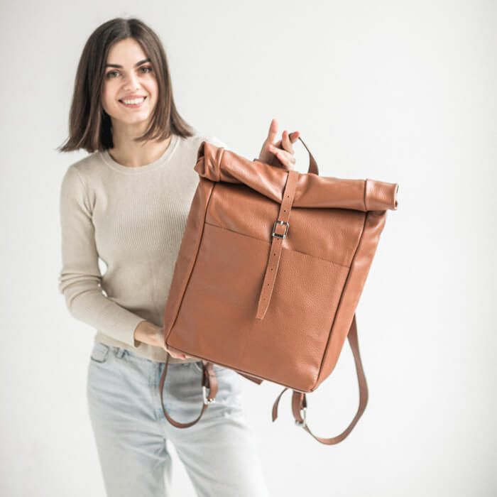 Ashley Brown Roll-Top Leather Backpack