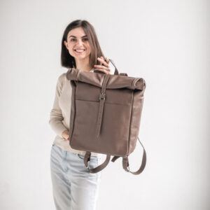 Ashley Latte Roll-Top Leather Backpack