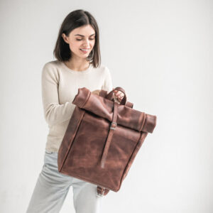 Finley Roll-Top Brown Leather Backpack