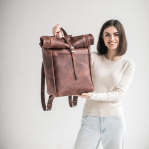 Finley Roll-Top Leather Brown Backpack